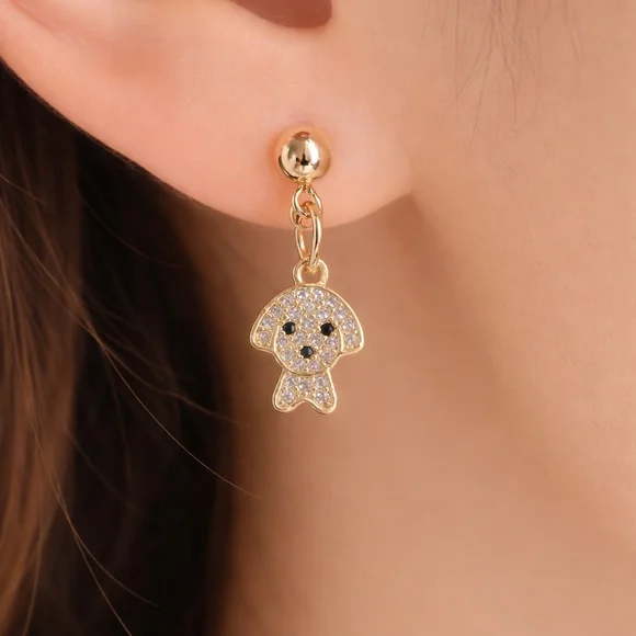 ✨ Gold Tone Micro Pavé CZ Puppy Dog Drop Earrings ✨ - Picture 2 of 3